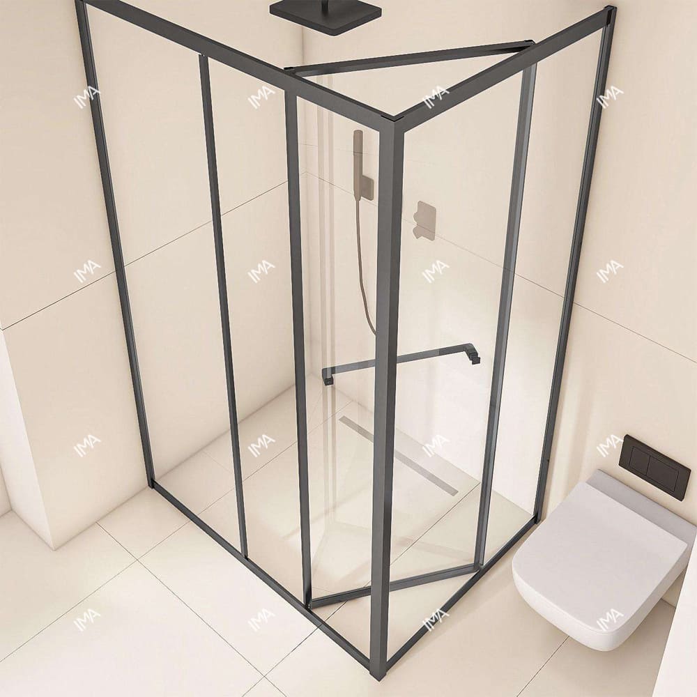 Khung inox 304 và bánh xe giảm chấn 2 chiều của phòng tắm kính hệ slim cửa trượt 90 độ IMA PT1102